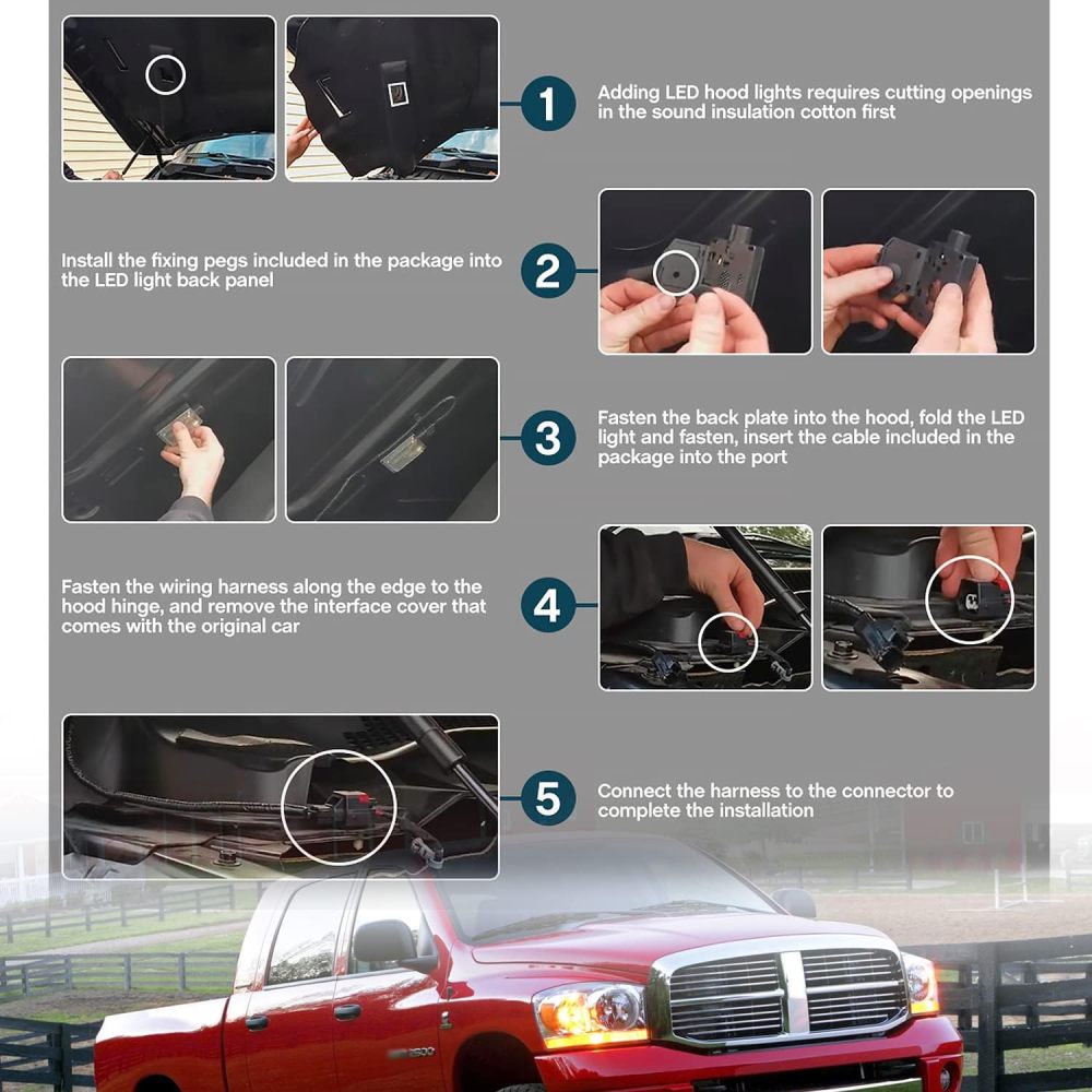 NSLUMO LED Under Hood Light & Harness Assembly Compatible w/ 2009-2018 Dodge Ram 1500 2500 3500 Pickup Truck, 6000K 30-SMD White Led Hood Engine Compartment Lamp Kit OEM ‎68395126AA