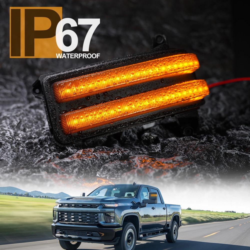 Sequential LED Side Mirror Marker Lights for 2020 2021 2022 2023 Chevy Silverado GMC Sierra 2500HD 3500HD Towing Mirror Amber Turn Signal Indicator & White DRL Parking Lamp Assembly Smoked Lens