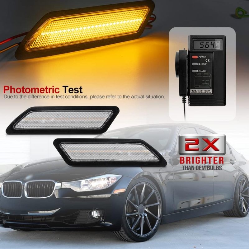 Front Bumper Led Side Markers Compatible w/ 2012-2015 B-M-W F30 F31 Pre-LCI 3 Series 328i Amber Yellow Led Side Marker Repeater Lights Signal Reflector Lamps Replace OEM Amber Reflectors Clear Lens