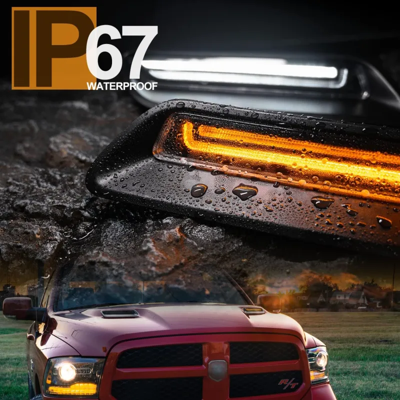 NSLUMO Led Vent Hood Scoop Light Bar Kit Compatible w/ 2010-2022 RAM 1500 Sport Hood Switchback White DRL Driving Lamp w/Amber Sequential Turn Signals Clear Lens OEM Air Hood Bezel Trim Replacement