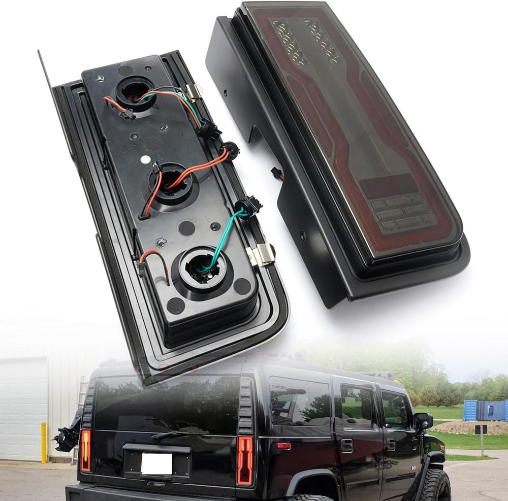 NSLUMO Latest EV Style Led Tail Light Assembly for 2003 2004 2005 2006 2007 2008 2009 Hummer-H2 SUV LED Rear Fog/Brake/Backup Reverse/Turn Signal Lamp Kit Smoked Lens Upgraded Replacement