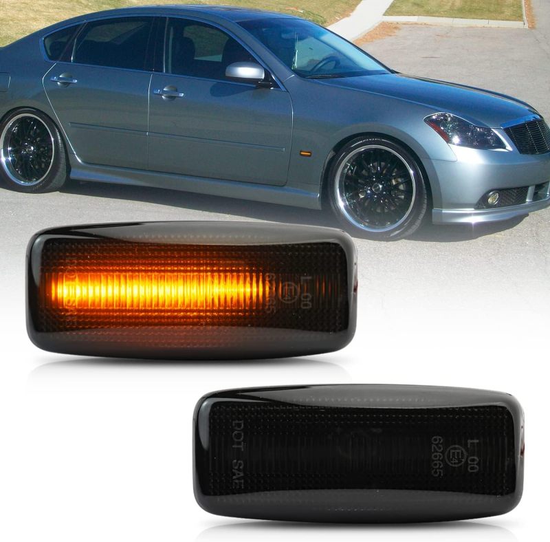 NSLUMO Sequential Led Side Marker Lights for 2006 2007 Infiniti M35 M45 Smoked Lens Amber Front Fender Turn Signal Repeater Lamps OEM Driver Passenger Side Signal Replacement