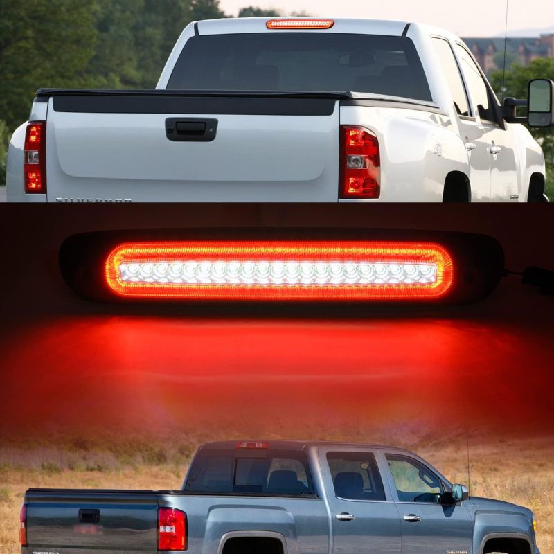 Led Third Brake Light Replacement for 2007-2013 Chevy Silverado GMC Sierra 1500 2500HD 3500HD Strobe Led Rear 3rd Brake Center High Mount Stop Lamp + White Cargo Light Kit Euro Smoked Lens CHMSL