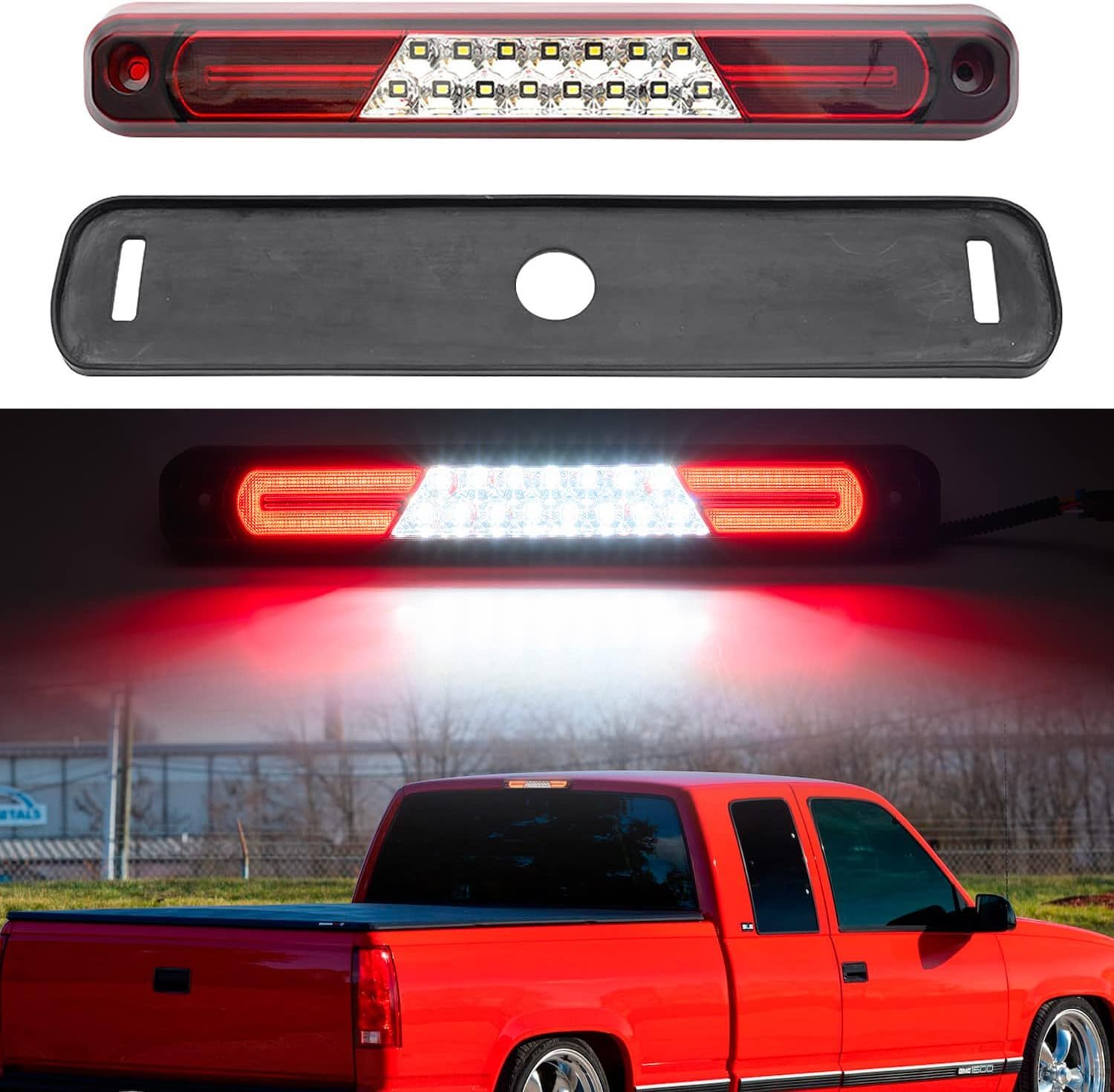 Led Third Brake Light Replacement for 1994 95 96 97 98 99 2000 OBS Chevy C1500 K1500 C/K Extended Cab Trucks GMT400 Red LED 3rd Brake Center High Mount Stop Lamp White Cab Cargo Light Red Lens CHMSL