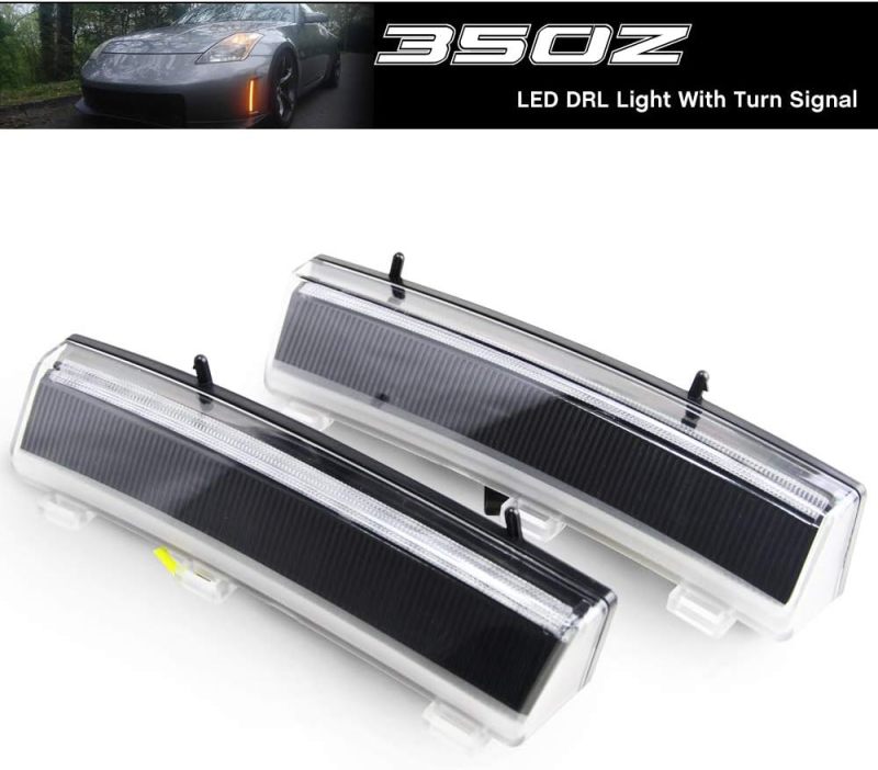 NSLUMO 3D Daylight DRL Led Light Assembly for Ni'ssan 350Z/Z33 06-09 Ultra-bright White LED Daytime Running Lights with Amber/Yellow Turn Signal Light Smoked Lens(2006-2009 Ni'ssan 350Z LCI)