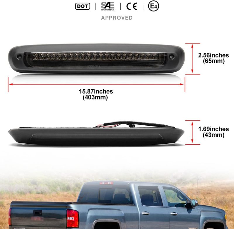 Led Third Brake Light Replacement for 2007-2013 Chevy Silverado GMC Sierra 1500 2500HD 3500HD Strobe Led Rear 3rd Brake Center High Mount Stop Lamp + White Cargo Light Kit Euro Smoked Lens CHMSL