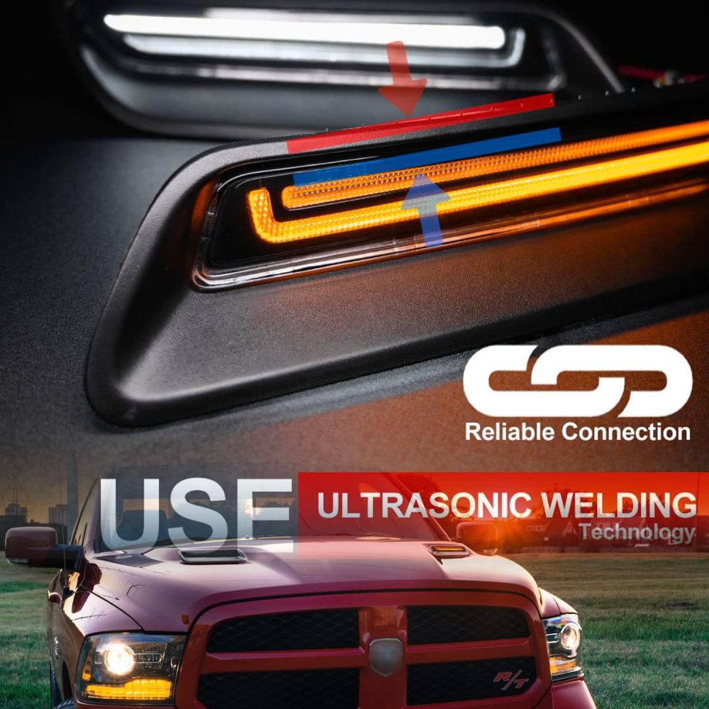 NSLUMO Led Vent Hood Scoop Light Bar Kit Compatible w/ 2010-2022 RAM 1500 Sport Hood Switchback White DRL Driving Lamp w/Amber Sequential Turn Signals Clear Lens OEM Air Hood Bezel Trim Replacement