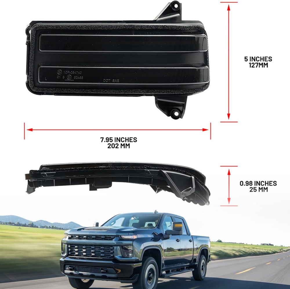 Sequential LED Side Mirror Marker Lights for 2020 2021 2022 2023 Chevy Silverado GMC Sierra 2500HD 3500HD Towing Mirror Amber Turn Signal Indicator & White DRL Parking Lamp Assembly Smoked Lens