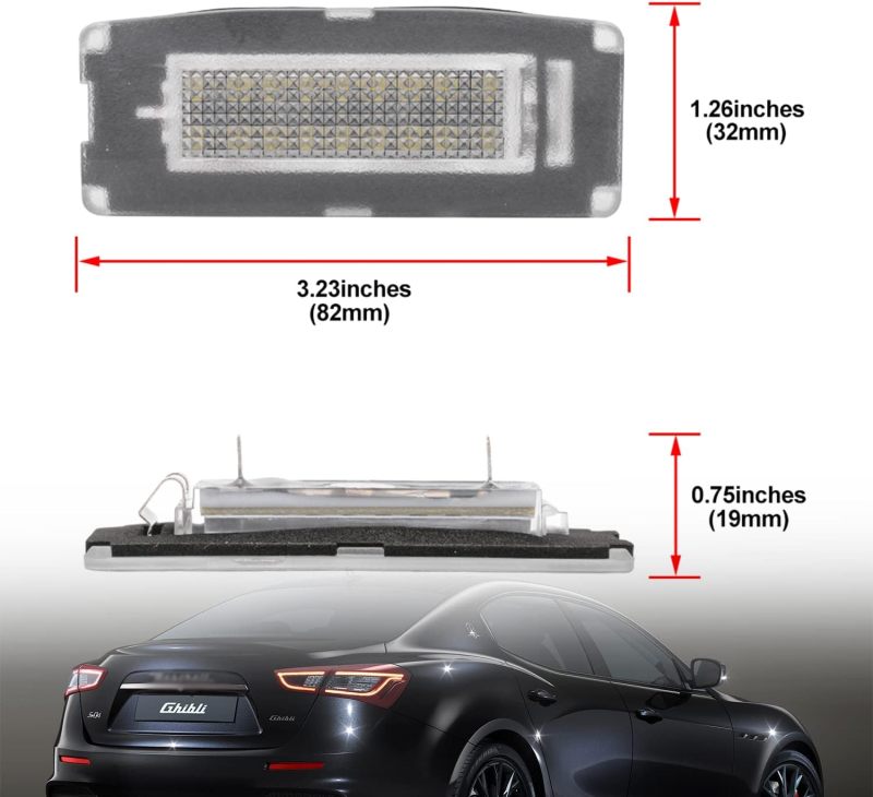 LED License Plate Lights Compatible w/ 2014-2020 Maserati Ghibli M157, OEM Led Number Lamps Replacement Canbus Error Free 6000K 18-SMD Xenon White Led Rear Tag Light Kit Assembly