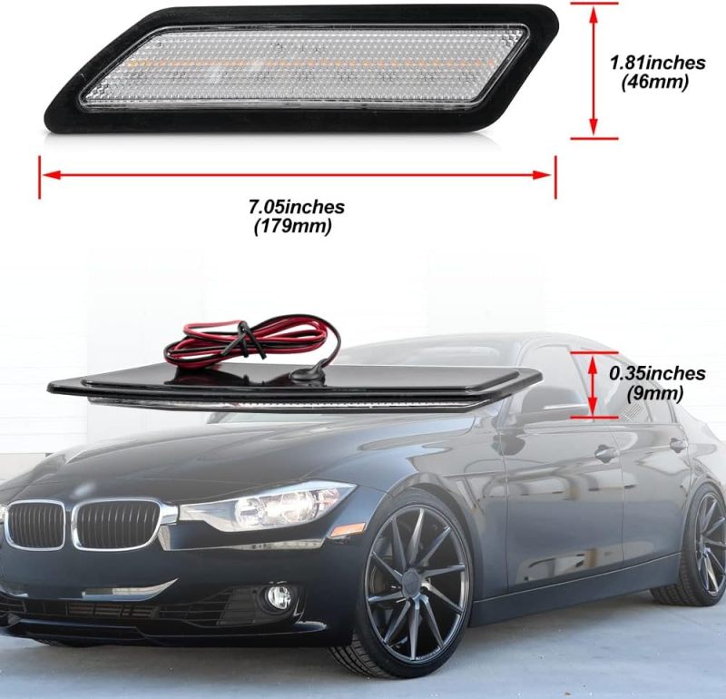 Front Bumper Led Side Markers Compatible w/ 2012-2015 B-M-W F30 F31 Pre-LCI 3 Series 328i Amber Yellow Led Side Marker Repeater Lights Signal Reflector Lamps Replace OEM Amber Reflectors Clear Lens