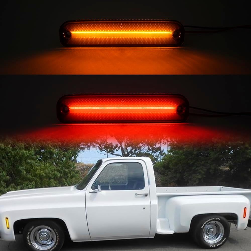 NSLUMO Led Side Marker Lights for 1973-1987 GMC Chevy C/K Series Trucks C10 K20 C1500 K1500 Amber Front Red Rear Led Side Turn Signal Light Kit Smoked Lens Bumper Sidemarker Reflectors