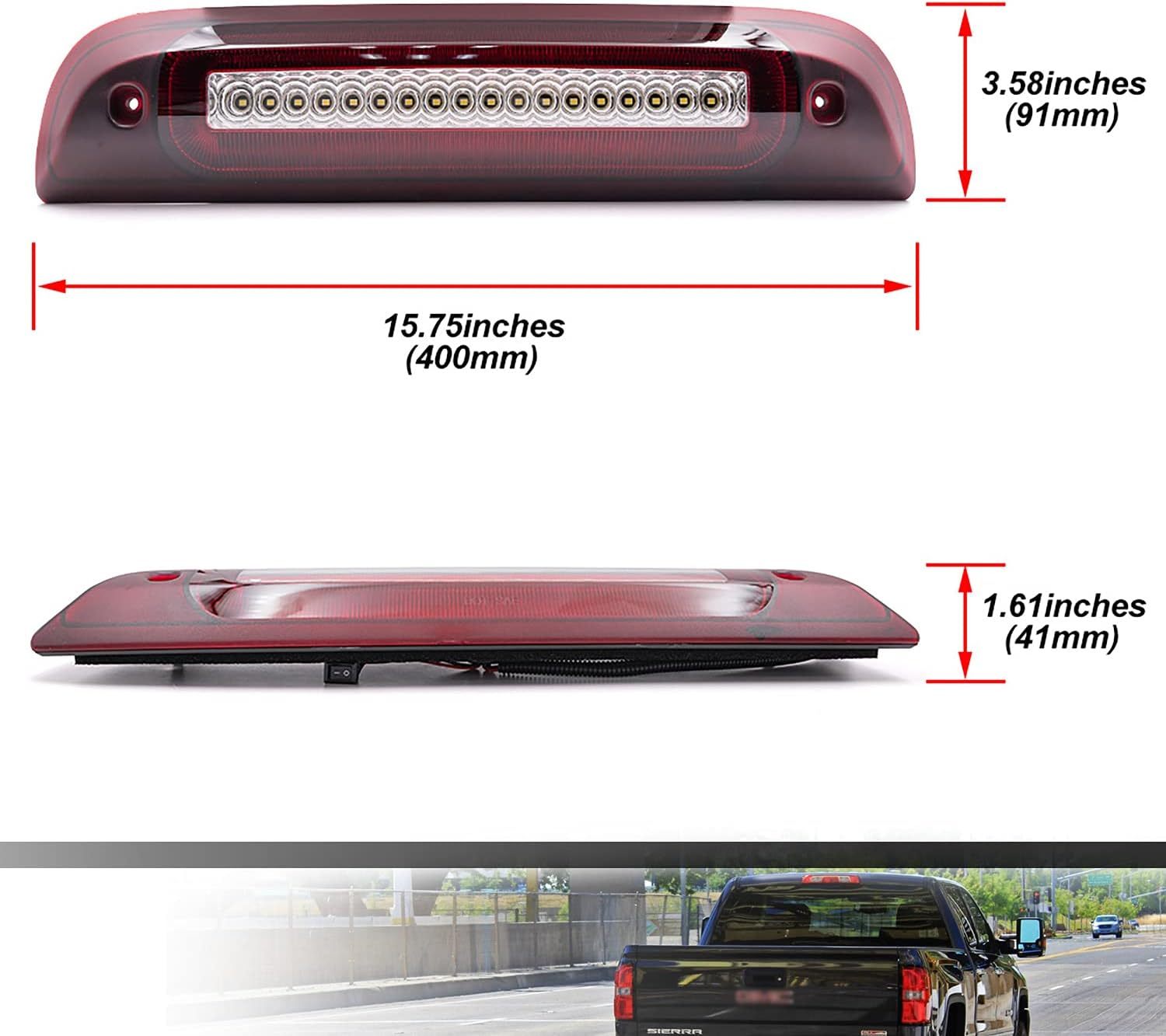 NSLUMO Led Third Brake Light Replacement for 2014-2018 Chevy Silverado GMC Sierra 1500 2500HD 3500HD Red LED Strobe Rear 3rd Brake Center High Mount Stop Lamp + White Cargo Light Kit Euro Clear Lens