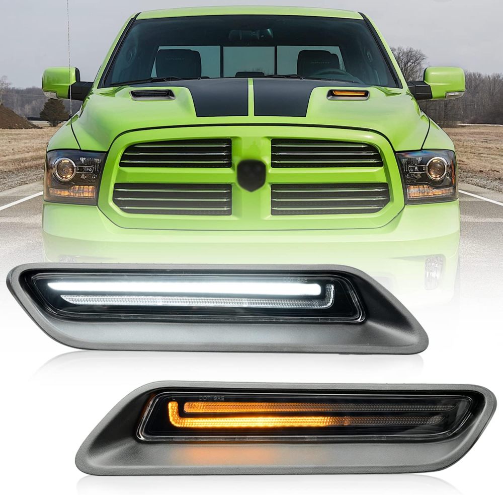NSLUMO Led Vent Hood Scoop Light Bar Kit Compatible w/ 2010-2022 RAM 1500 Sport Hood Switchback White DRL Driving Lamp w/Amber Sequential Turn Signals Clear Lens OEM Air Hood Bezel Trim Replacement