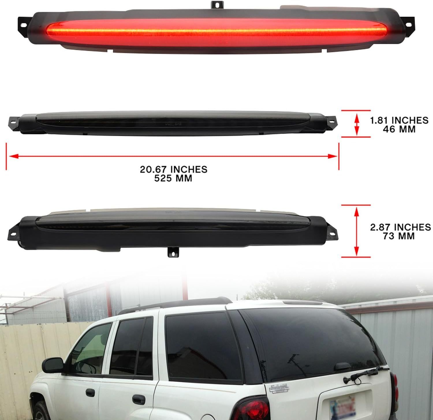 NSLUMO Led Third Brake Light Replacement for Chevy TrailBlazer GMC Envoy 2002-2009 LED 3rd Brake Center High Mount Stop Lamp Smoked Lens Red CHMSL 15201921