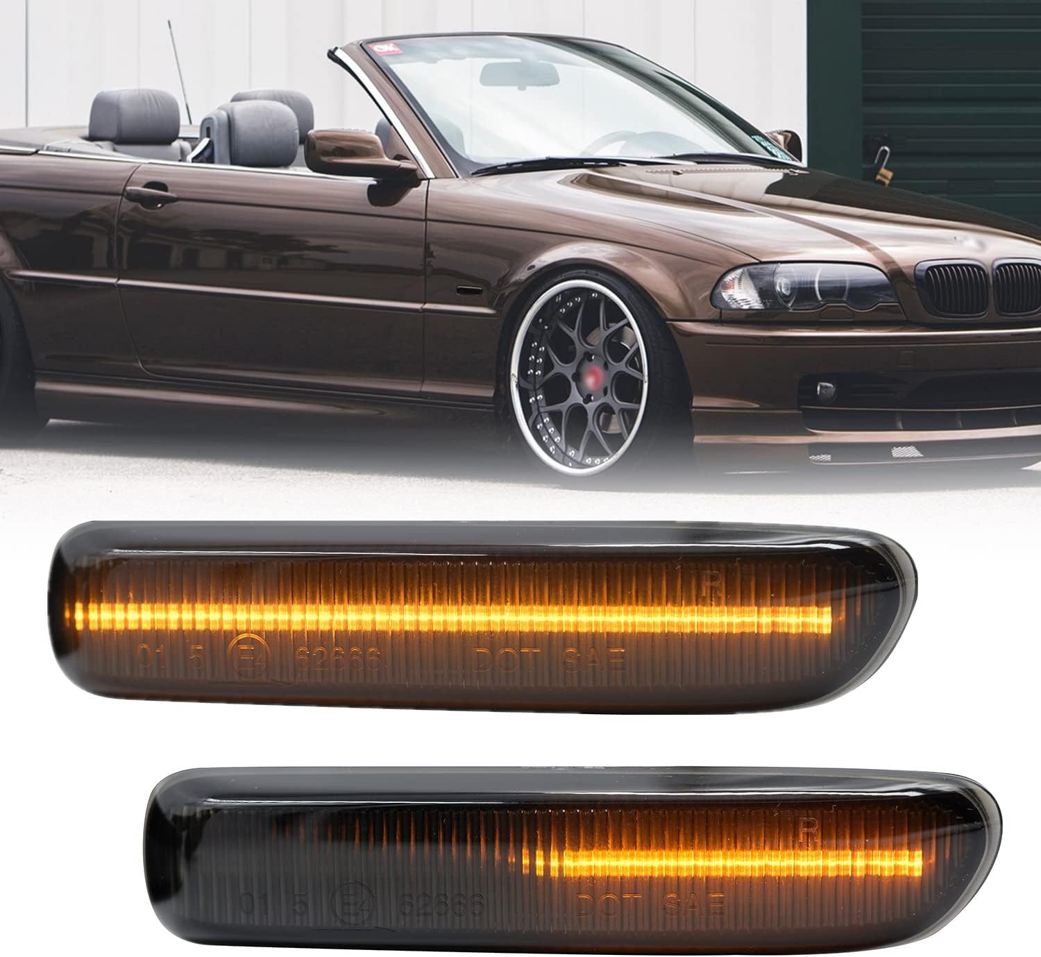 Sequential Amber LED Side Marker Lights for B'MW E46 Pre-LCI 1999-2001 323i 328i Sedan,1999-2003 325Ci 330Ci Coupe Convertible Front Fender Turn Signal Blinker Lamps OEM Replacement (Smoked Lens)