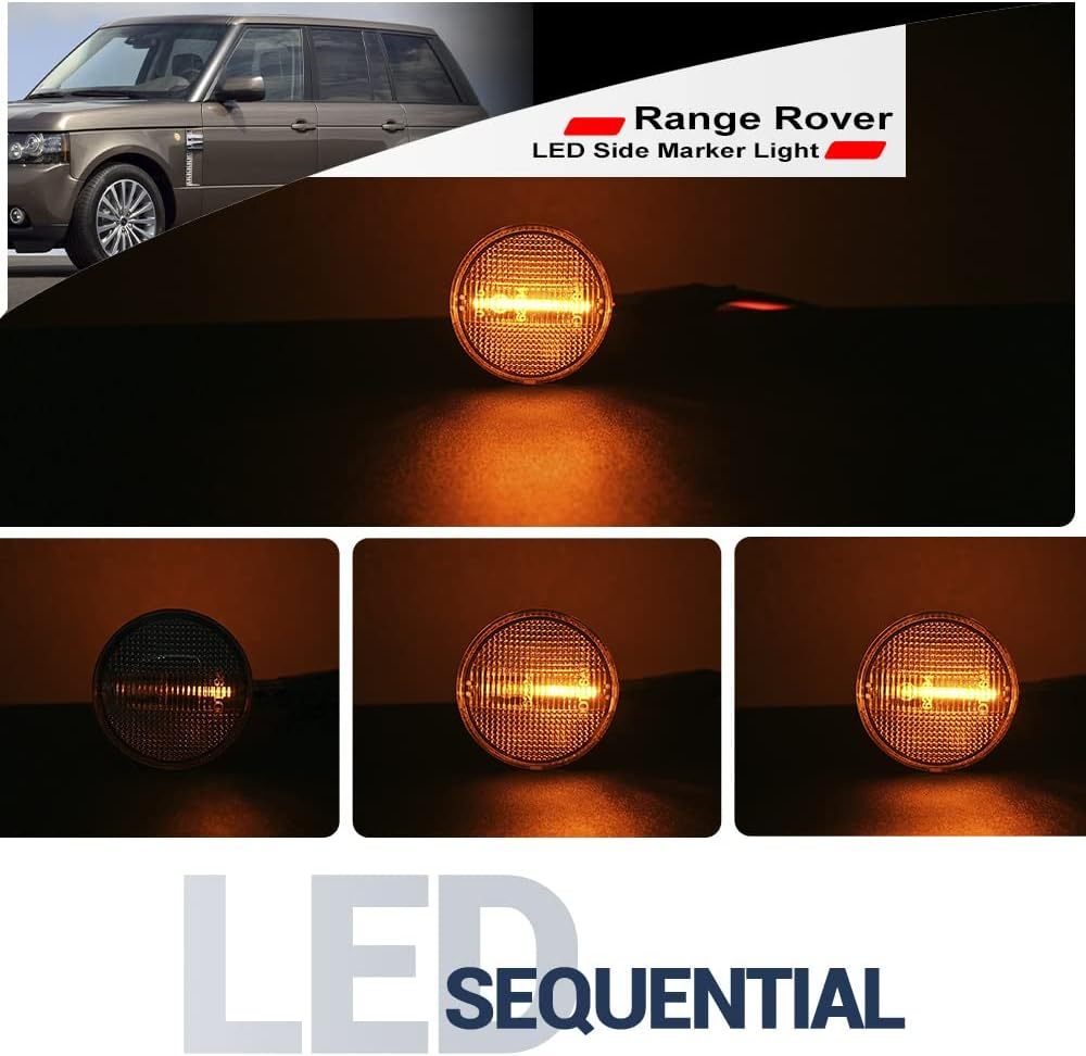 NSLUMO Amber LED Sequential Side Marker Light Kit Compatible With 2006-2012 Lan'd Rover Range Rover L322 Clear Lens LED Front Fender Dynamic Blink Turn Signal Light Replace OEM Clear Sidemarker Lamps