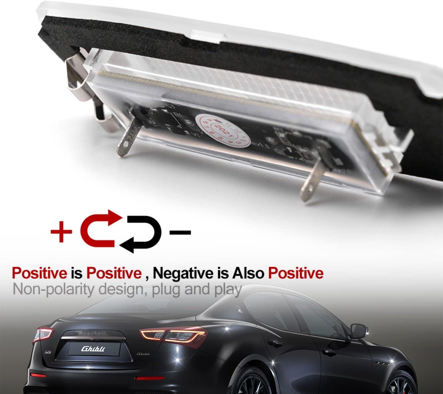 LED License Plate Lights Compatible w/ 2014-2020 Maserati Ghibli M157, OEM Led Number Lamps Replacement Canbus Error Free 6000K 18-SMD Xenon White Led Rear Tag Light Kit Assembly
