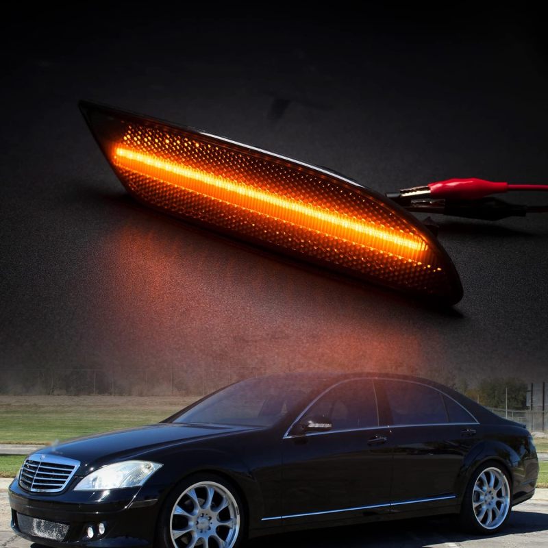 NSLUMO LED Side Marker Lights Replacement for 2007 2008 2009 Mercedes W221 Pre-LCI S550 S600 Amber Led Bumper Side Turn Signal Parking Light Assembly Replace OEM Side Lamps Smoked Lens