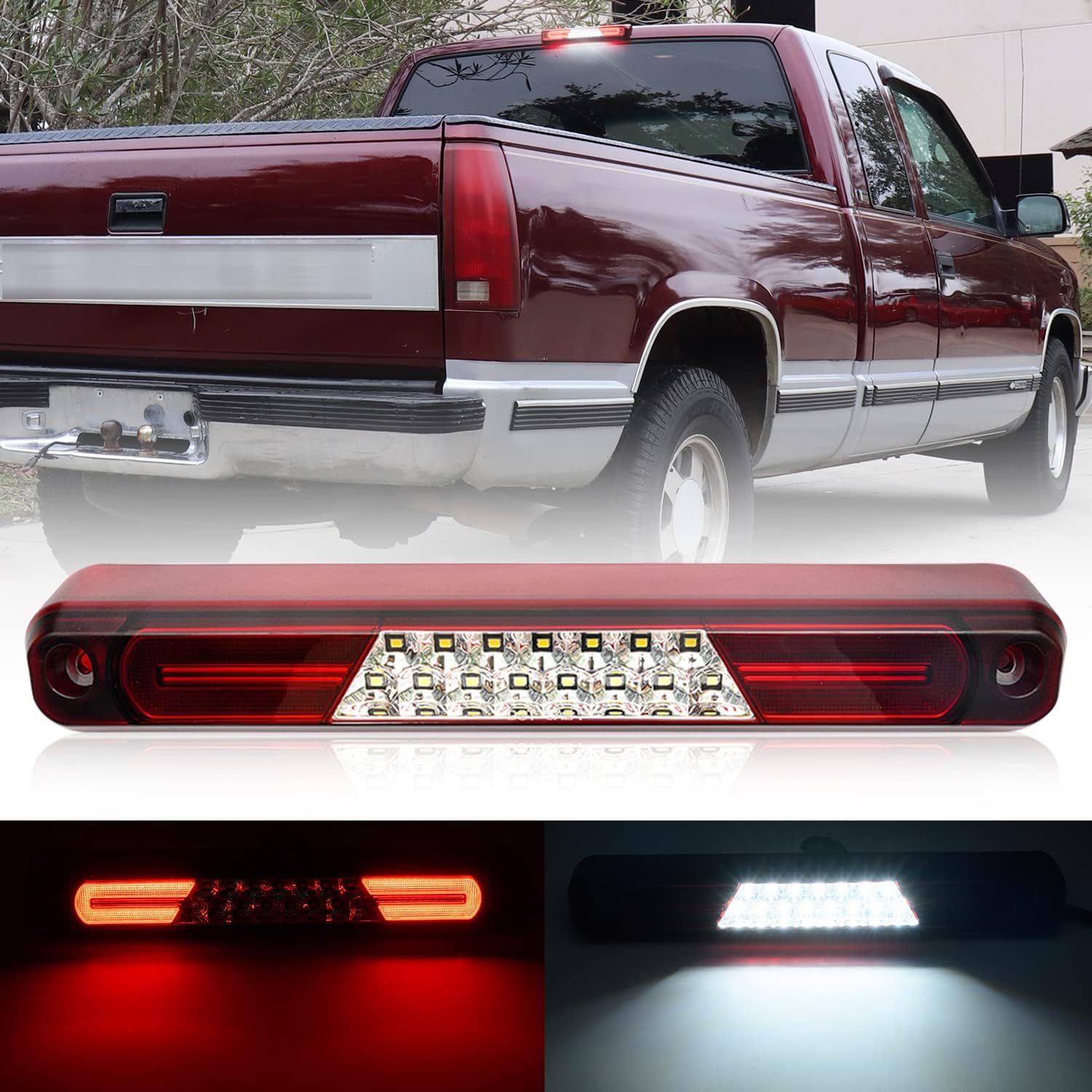 Led Third Brake Light Replacement for 1994 95 96 97 98 99 2000 OBS Chevy C1500 K1500 C/K Extended Cab Trucks GMT400 Red LED 3rd Brake Center High Mount Stop Lamp White Cab Cargo Light Red Lens CHMSL