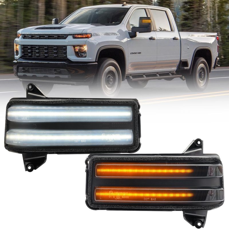 Sequential LED Side Mirror Marker Lights for 2020 2021 2022 2023 Chevy Silverado GMC Sierra 2500HD 3500HD Towing Mirror Amber Turn Signal Indicator & White DRL Parking Lamp Assembly Smoked Lens