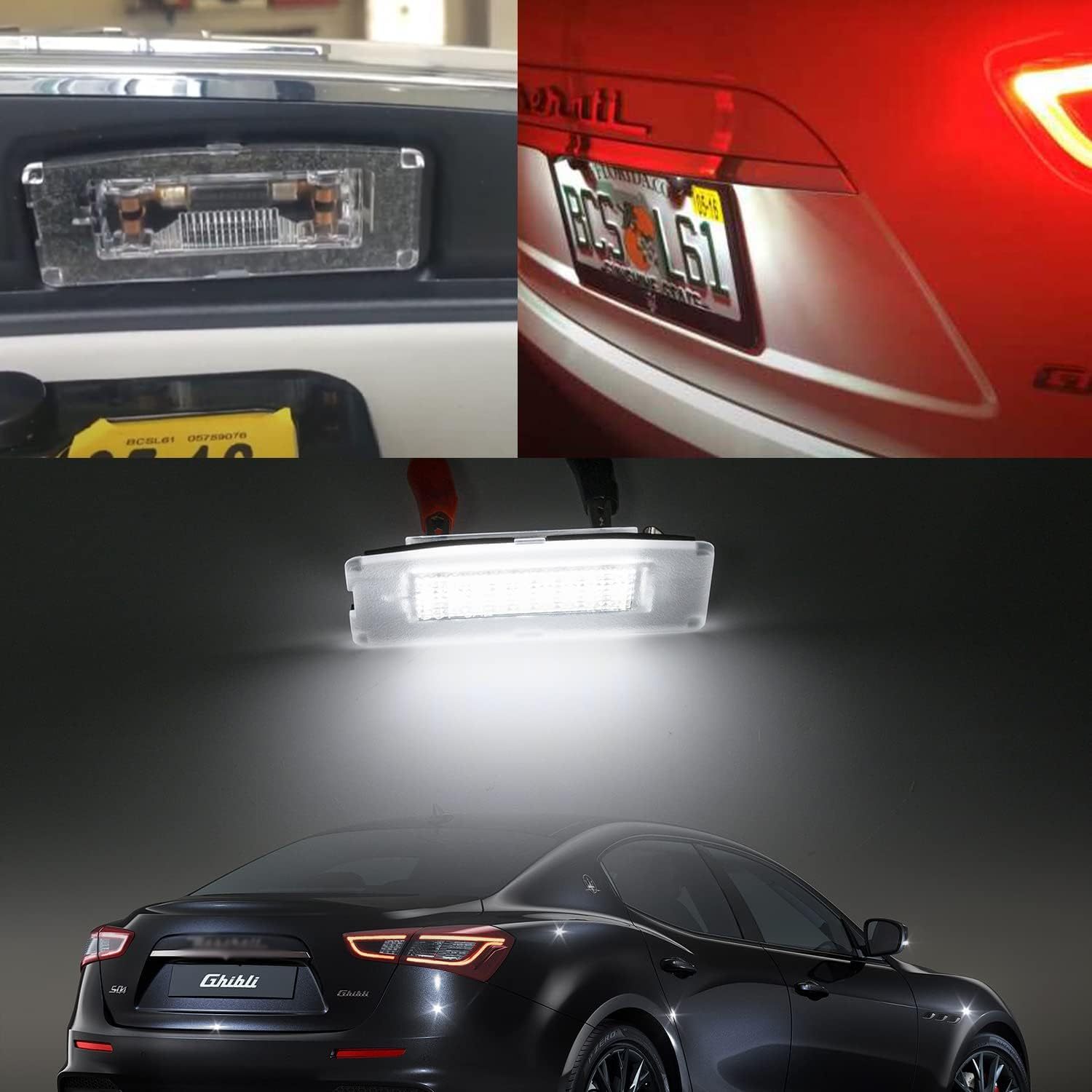 LED License Plate Lights Compatible w/ 2014-2020 Maserati Ghibli M157, OEM Led Number Lamps Replacement Canbus Error Free 6000K 18-SMD Xenon White Led Rear Tag Light Kit Assembly