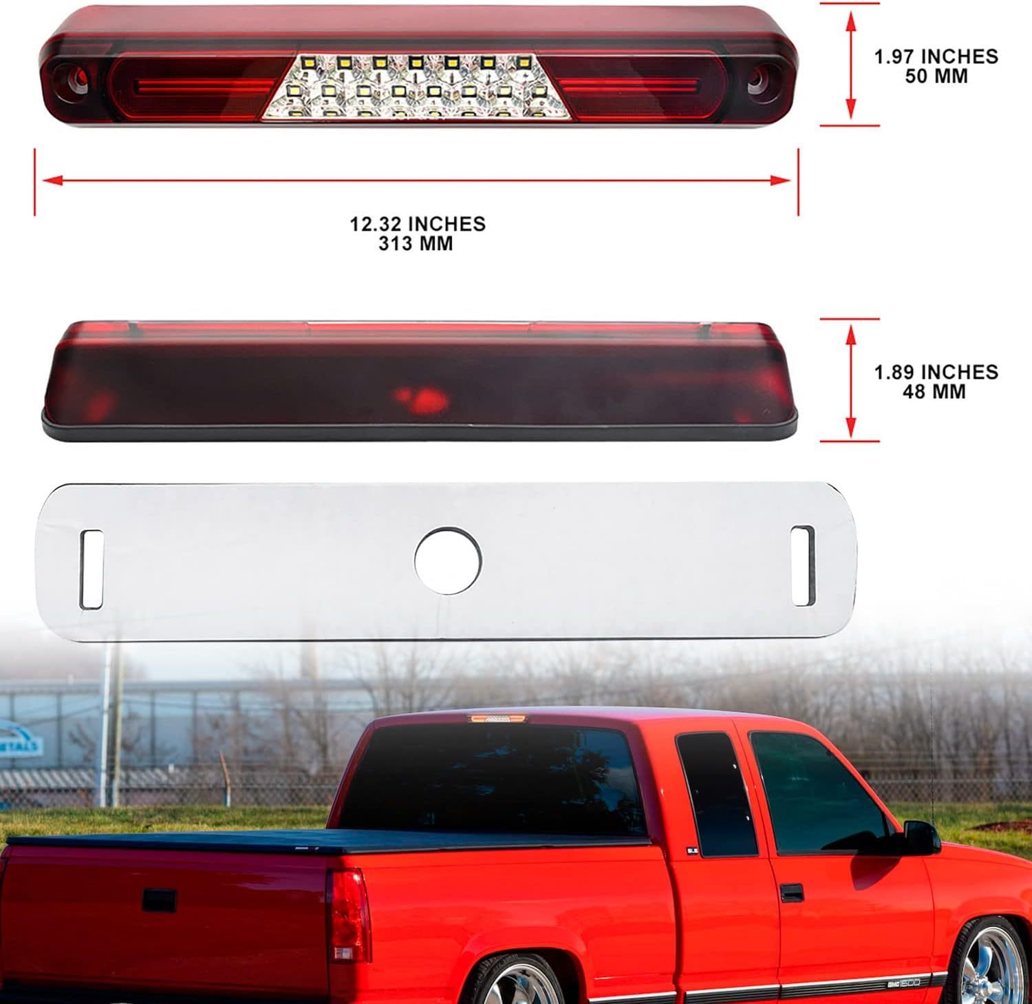 Led Third Brake Light Replacement for 1994 95 96 97 98 99 2000 OBS Chevy C1500 K1500 C/K Extended Cab Trucks GMT400 Red LED 3rd Brake Center High Mount Stop Lamp White Cab Cargo Light Red Lens CHMSL
