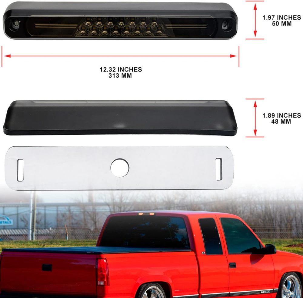 Led Third Brake Light Replacement for 1994 95 96 97 98 99 2000 OBS Chevy C1500 K1500 C/K Extended Cab Trucks GMT400 Red LED 3rd Brake Center High Mount Stop Lamp White Cab Cargo Light Smoked Lens