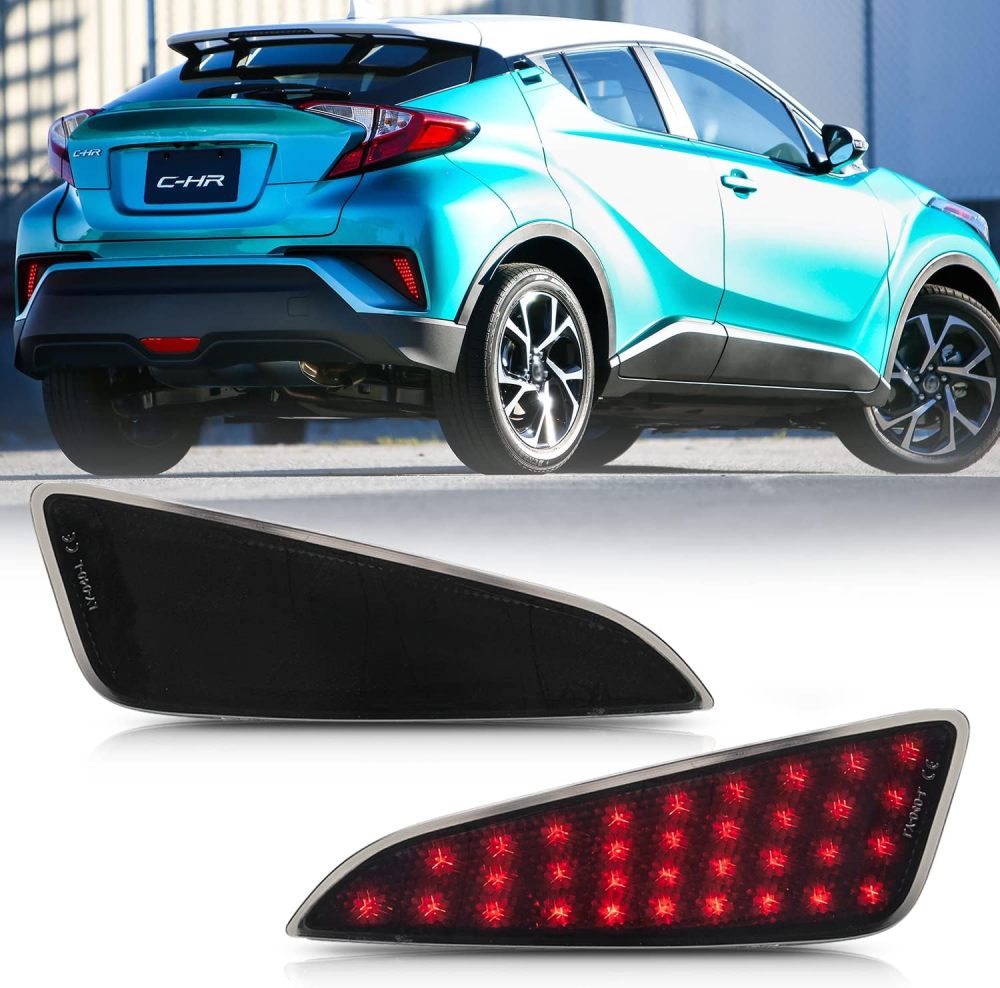 NSLUMO LED Rear Bumper Reflector Marker Lights Compatible w/ 2017-2021 To-yota C-HR Smoked Lens Red Led Bumper Reflector Tail Lamps Rear Fog Lights OEM Replacement