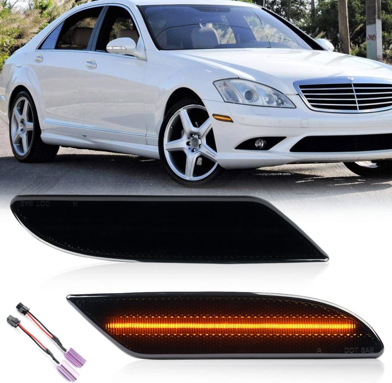 NSLUMO LED Side Marker Lights Replacement for 2007 2008 2009 Mercedes W221 Pre-LCI S550 S600 Amber Led Bumper Side Turn Signal Parking Light Assembly Replace OEM Side Lamps Smoked Lens