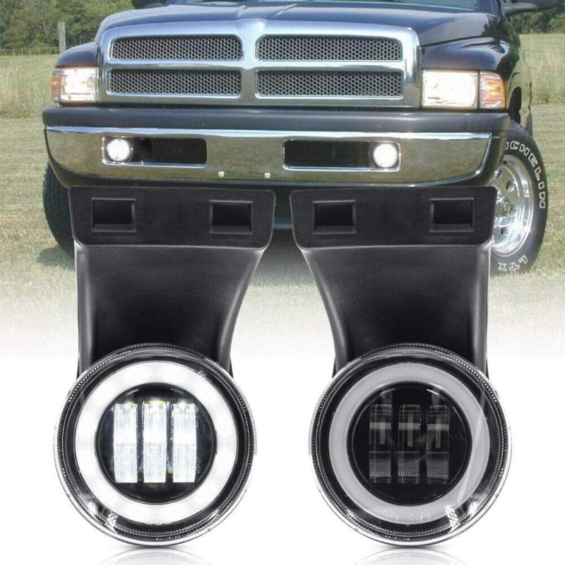 NSLUMO Round Halo LED Fog Lights for 1994-2002 Dodge RAM 1500 2500 3500 w/ 2 Brackets OEM Factory Fog Lamp Replacement Xenon White LED Driving Lights