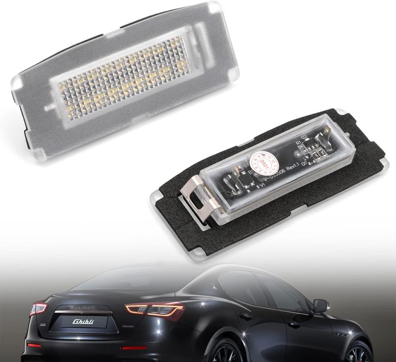 LED License Plate Lights Compatible w/ 2014-2020 Maserati Ghibli M157, OEM Led Number Lamps Replacement Canbus Error Free 6000K 18-SMD Xenon White Led Rear Tag Light Kit Assembly