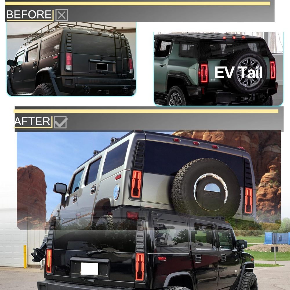 NSLUMO Latest EV Style Led Tail Light Assembly for 2003 2004 2005 2006 2007 2008 2009 Hummer-H2 SUV LED Rear Fog/Brake/Backup Reverse/Turn Signal Lamp Kit Smoked Lens Upgraded Replacement