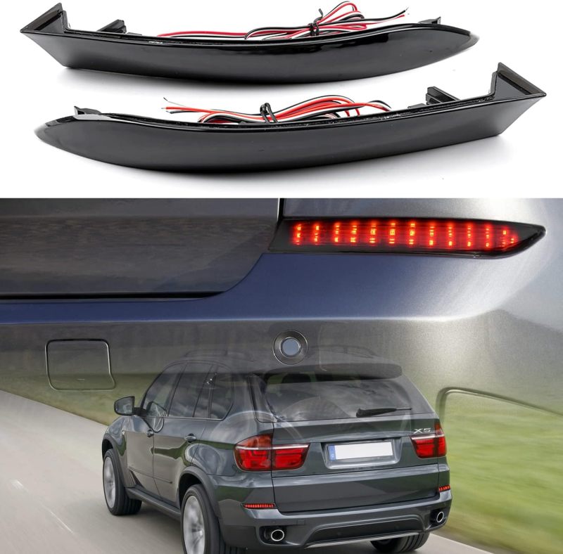 NSLUMO LED Rear Bumper Reflector Lights for 2010-2013 B-MW X5 E70 LCI w/o M Sprots Red Led Tail Driving Parking Lamps Full Strip LED Reflector Upgrade Light Kit Smoked Lens