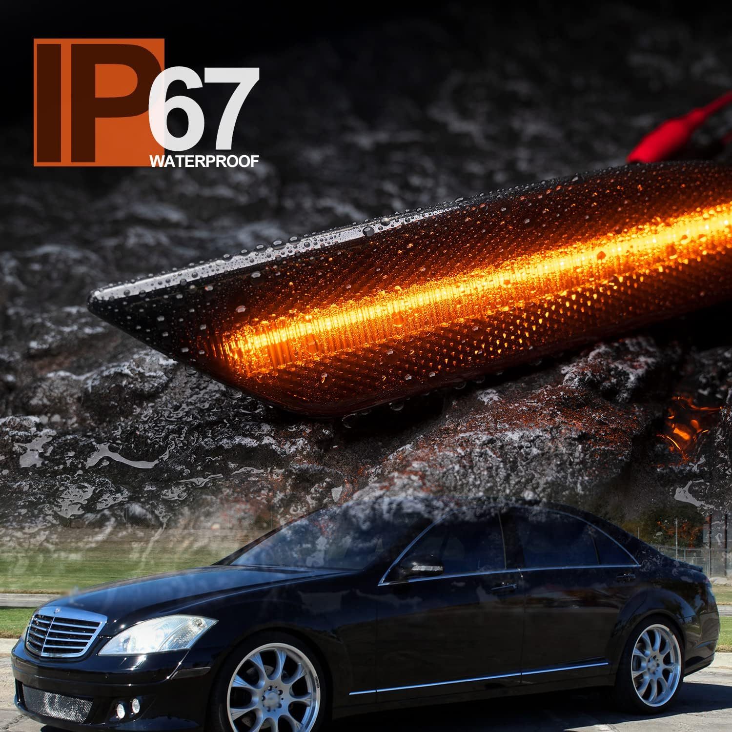 NSLUMO LED Side Marker Lights Replacement for 2007 2008 2009 Mercedes W221 Pre-LCI S550 S600 Amber Led Bumper Side Turn Signal Parking Light Assembly Replace OEM Side Lamps Smoked Lens