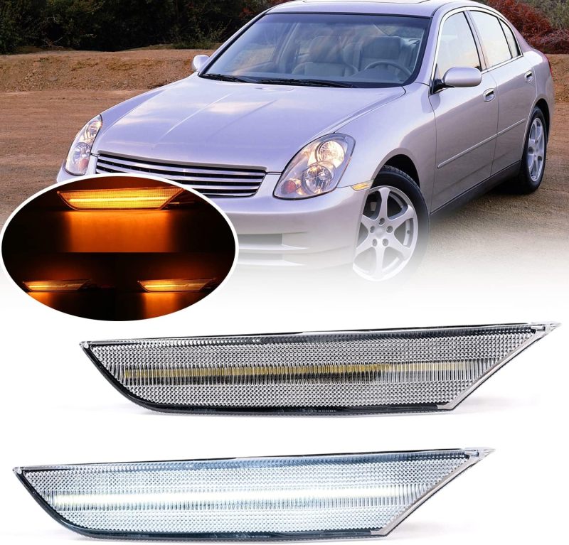 NSLUMO Amber White Switchback Led Side Marker Lights for 2003-2006 Infiniti G35 Sedan Skyline V35 Clear Lens Front Bumper Side Marker w/Sequential Amber LED Turn Signals Blinkers Side Marker Assembly