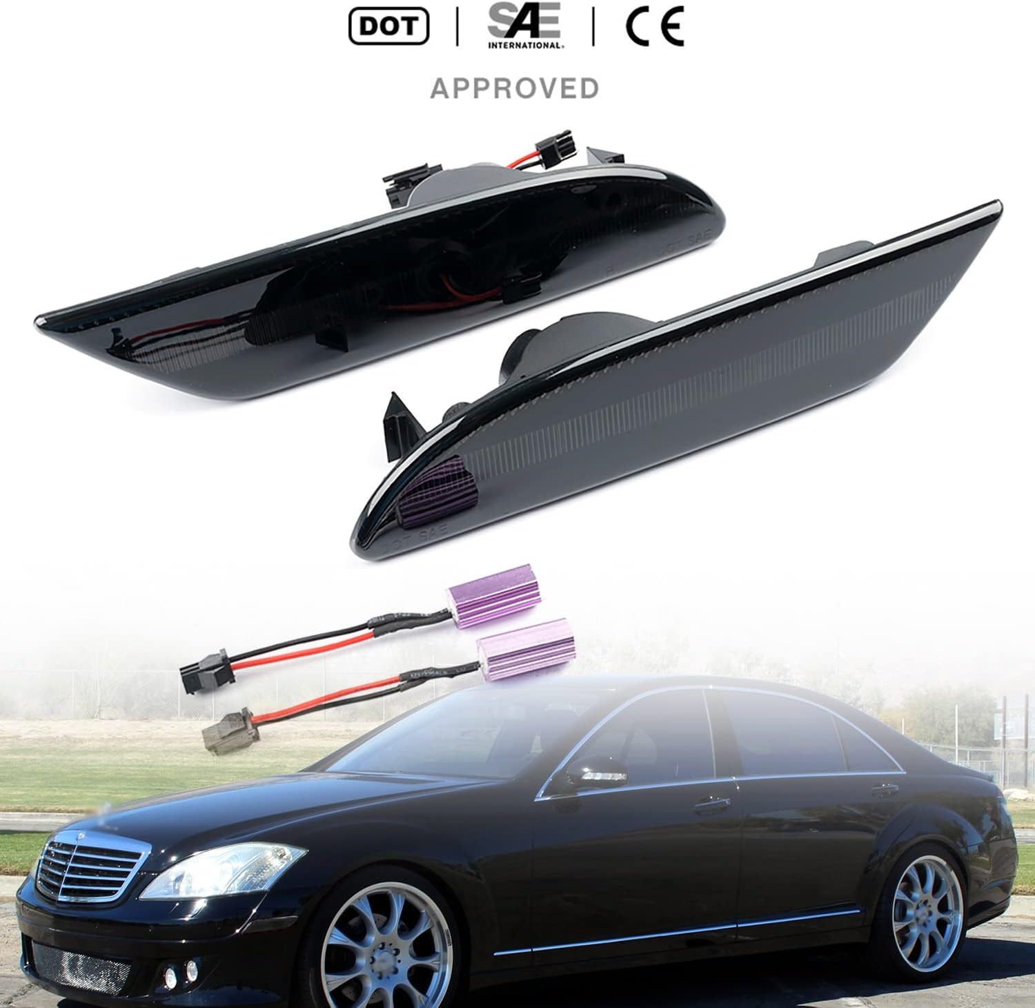 NSLUMO LED Side Marker Lights Replacement for 2007 2008 2009 Mercedes W221 Pre-LCI S550 S600 Amber Led Bumper Side Turn Signal Parking Light Assembly Replace OEM Side Lamps Smoked Lens