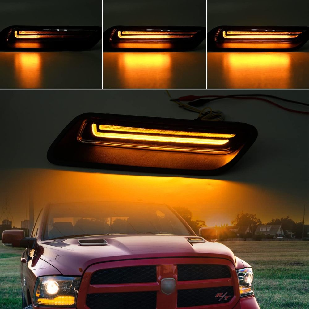 NSLUMO Led Vent Hood Scoop Light Bar Kit Compatible w/ 2010-2022 RAM 1500 Sport Hood Switchback White DRL Driving Lamp w/Amber Sequential Turn Signals Clear Lens OEM Air Hood Bezel Trim Replacement