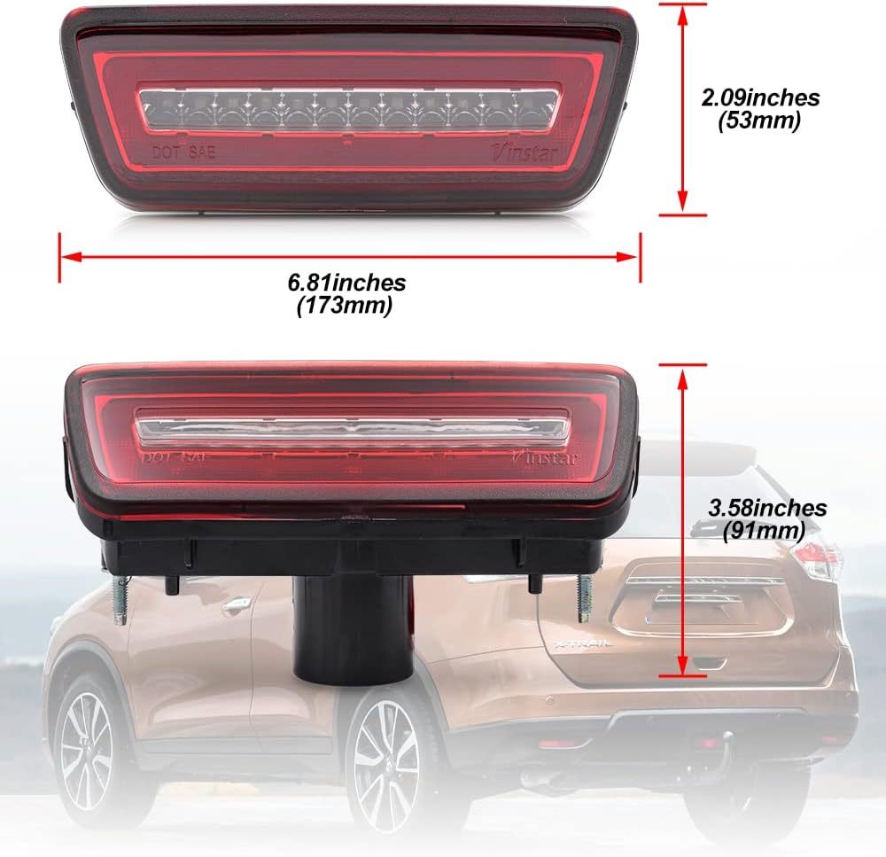 NSLUMO Led Rear Fog Backup/Reverse Brake Light for Nissan Rogue Pathfinder Murano Juke X-Trail T32 Clear Lens 3-In-1 LED Rear Fog Light White Backup Reverse Lamp & Red Tail Light