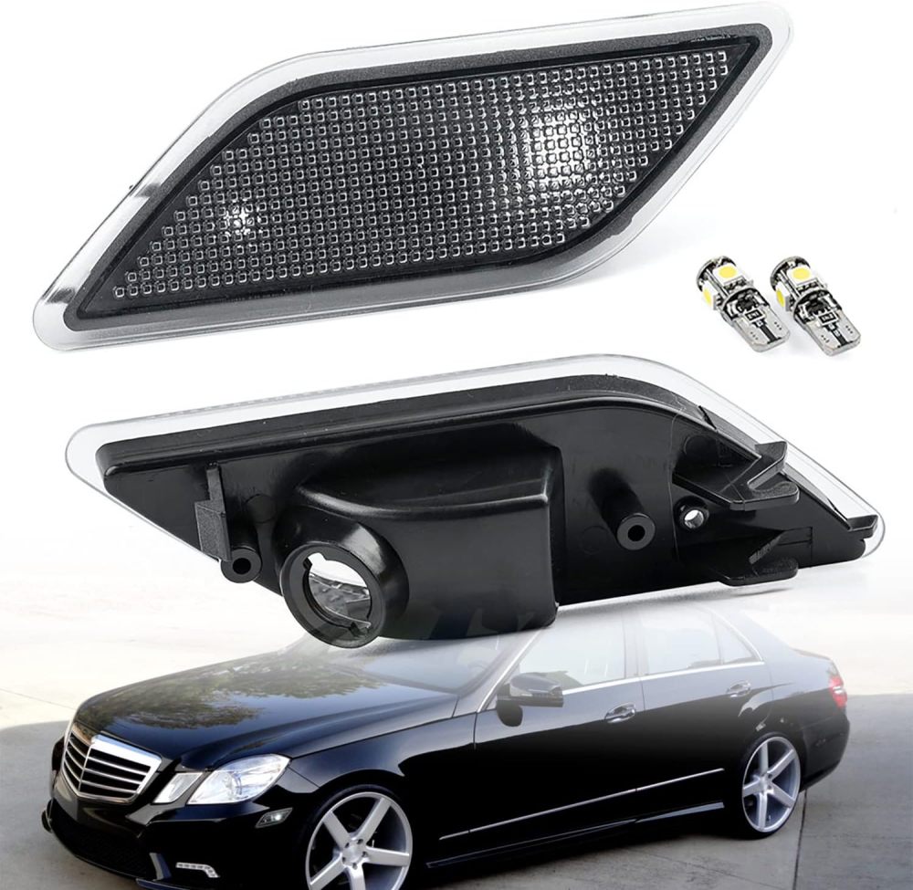 NSLUMO Xenon White Led Side Marker Lights for 2010-13 Mercedes Benz W212 Pre-LCI E-Class Clear Lens Front Fender Marker Lamps with T10 Bulbs OEM fit