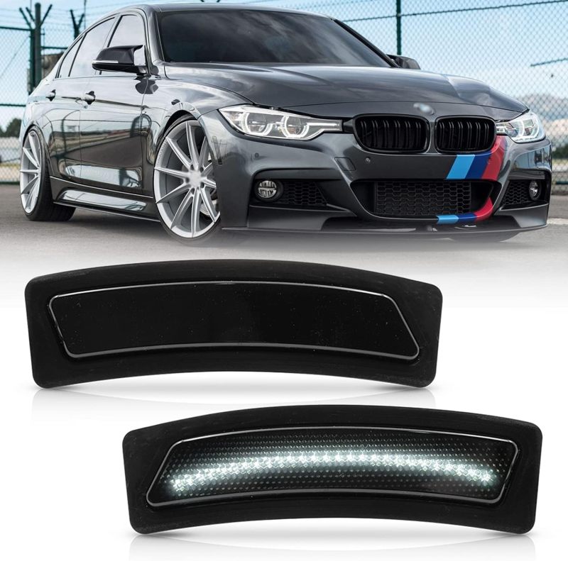 Led Bumper Reflector Side Marker Lights Compatible w/ 2016-2018 B-M-W F30 LCI 3 Series 320i 2014-2019 F32 4 Series 428i 430i 435i F36 Gran Coupe White Led Front Side Signal Repeater Lamps Smoked Lens