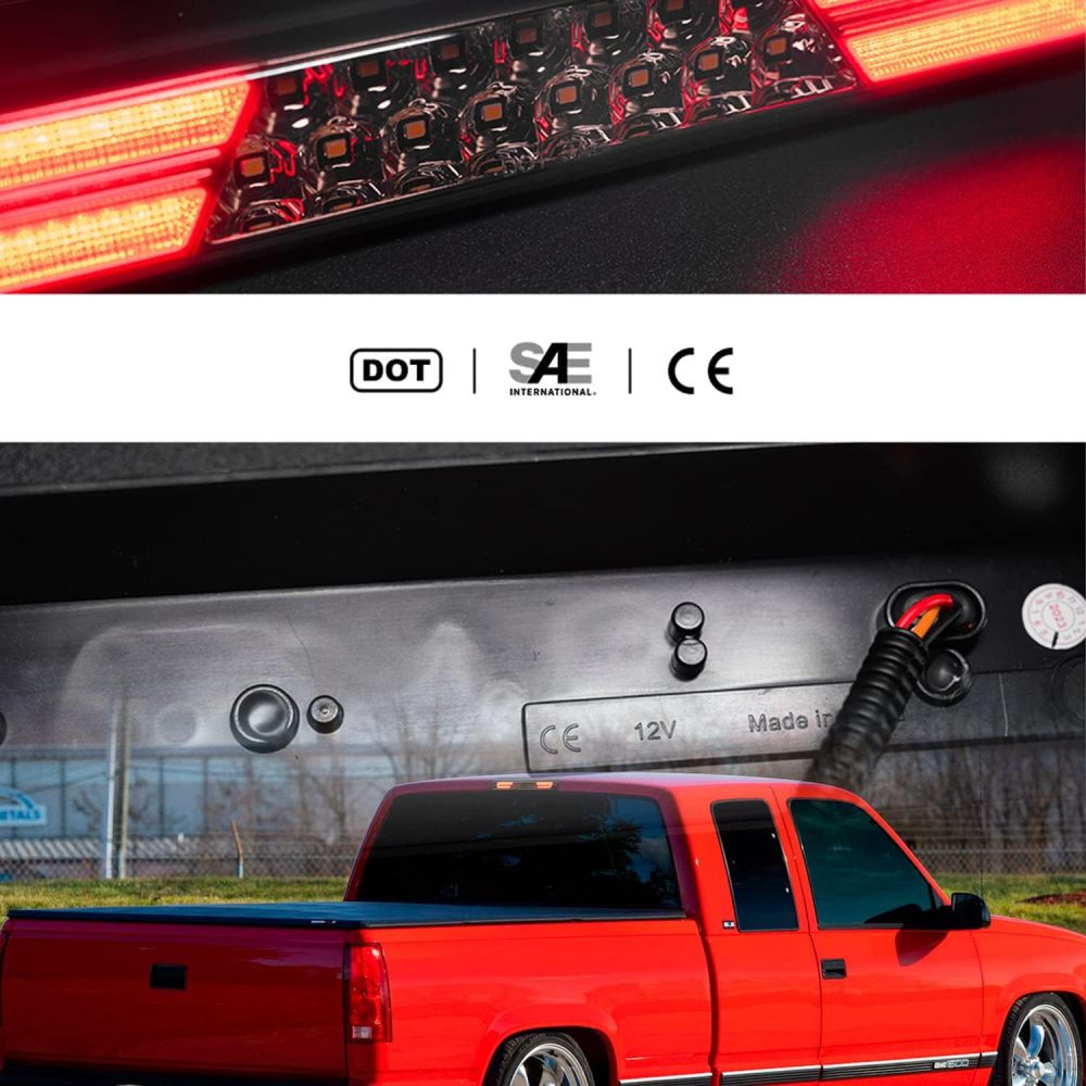 Led Third Brake Light Replacement for 1994 95 96 97 98 99 2000 OBS Chevy C1500 K1500 C/K Extended Cab Trucks GMT400 Red LED 3rd Brake Center High Mount Stop Lamp White Cab Cargo Light Smoked Lens
