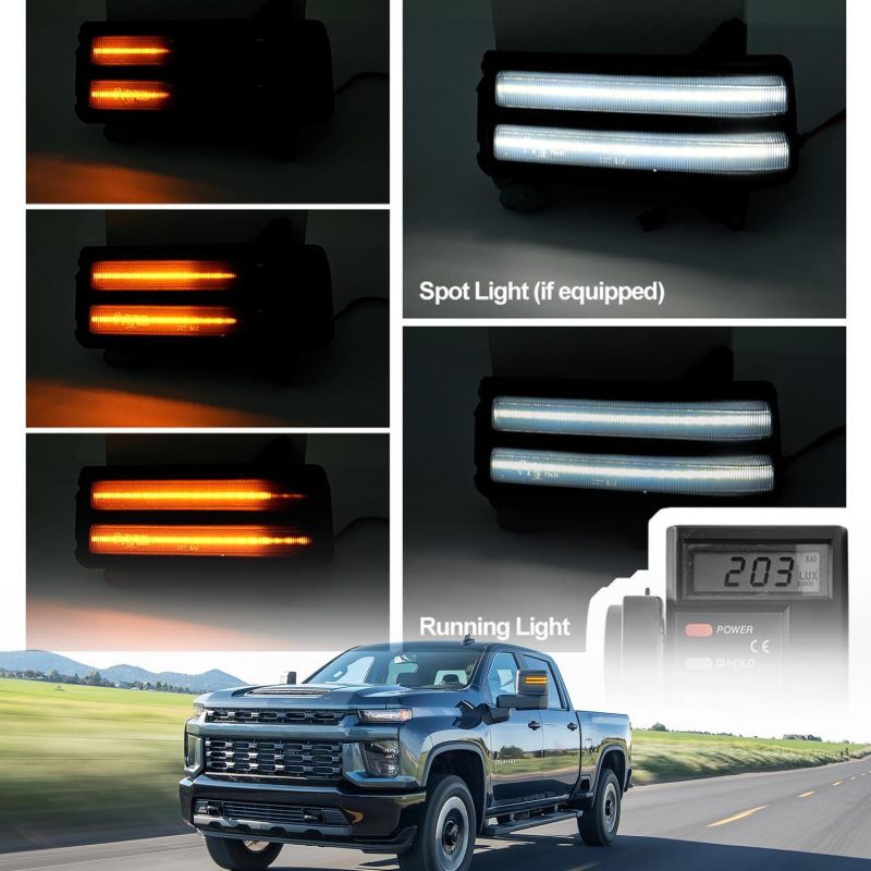 Sequential LED Side Mirror Marker Lights for 2020 2021 2022 2023 Chevy Silverado GMC Sierra 2500HD 3500HD Towing Mirror Amber Turn Signal Indicator & White DRL Parking Lamp Assembly Smoked Lens