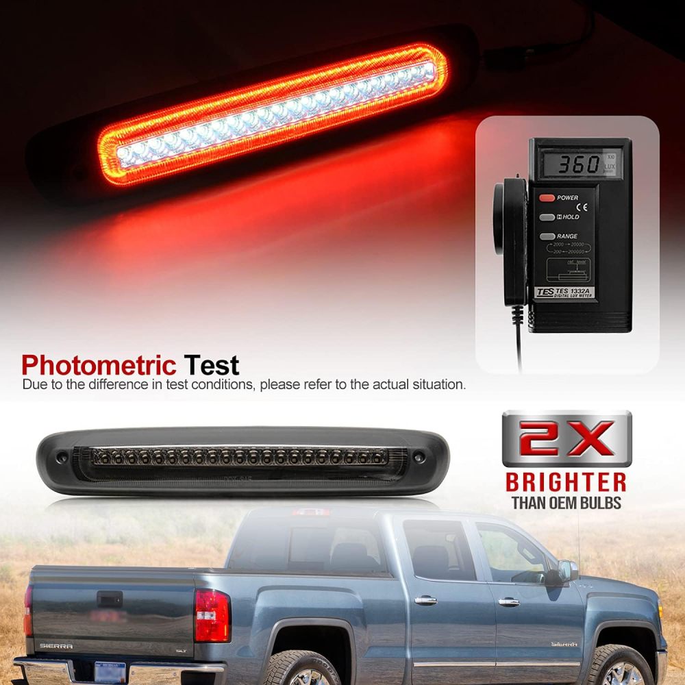 Led Third Brake Light Replacement for 2007-2013 Chevy Silverado GMC Sierra 1500 2500HD 3500HD Strobe Led Rear 3rd Brake Center High Mount Stop Lamp + White Cargo Light Kit Euro Smoked Lens CHMSL