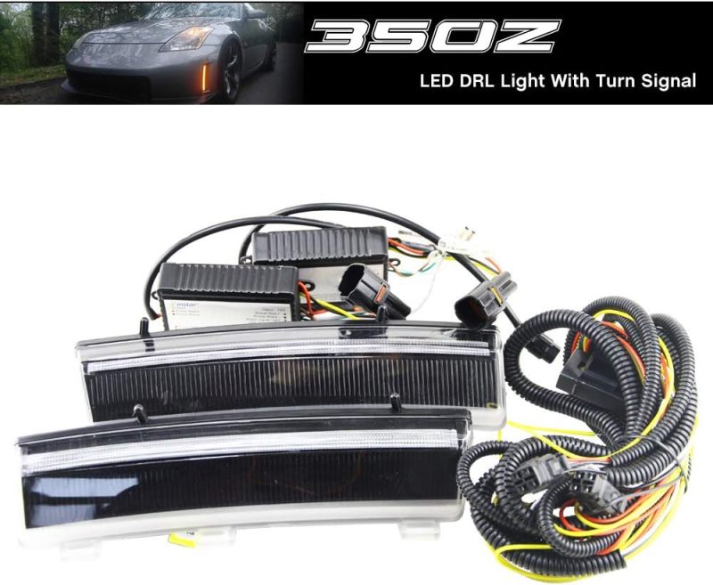 NSLUMO 3D Daylight DRL Led Light Assembly for Ni'ssan 350Z/Z33 06-09 Ultra-bright White LED Daytime Running Lights with Amber/Yellow Turn Signal Light Smoked Lens(2006-2009 Ni'ssan 350Z LCI)