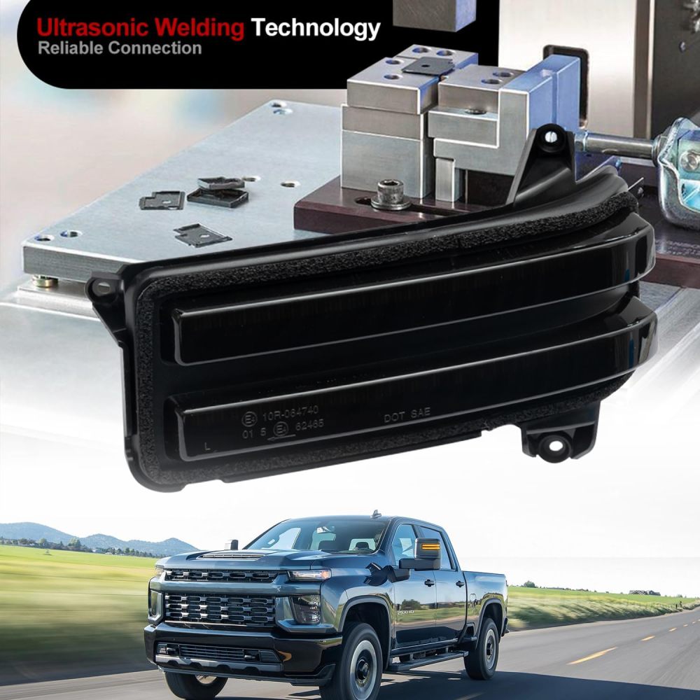 Sequential LED Side Mirror Marker Lights for 2020 2021 2022 2023 Chevy Silverado GMC Sierra 2500HD 3500HD Towing Mirror Amber Turn Signal Indicator & White DRL Parking Lamp Assembly Smoked Lens