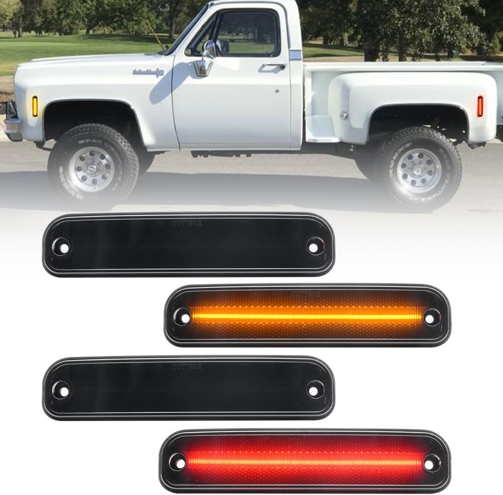 NSLUMO Led Side Marker Lights for 1973-1987 GMC Chevy C/K Series Trucks C10 K20 C1500 K1500 Amber Front Red Rear Led Side Turn Signal Light Kit Smoked Lens Bumper Sidemarker Reflectors