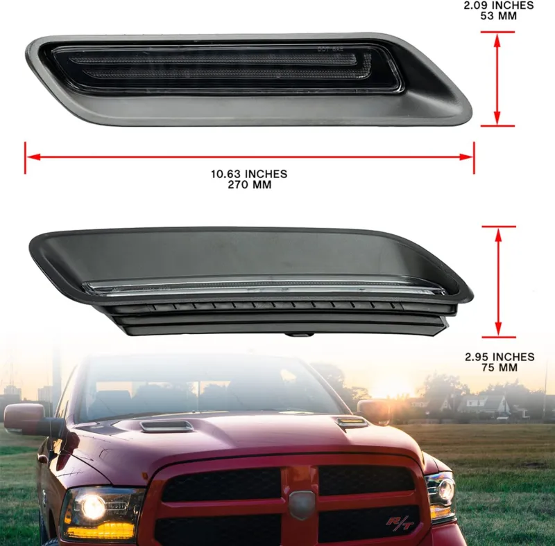 NSLUMO Led Vent Hood Scoop Light Bar Kit Compatible w/ 2010-2022 RAM 1500 Sport Hood Switchback White DRL Driving Lamp w/Amber Sequential Turn Signals Clear Lens OEM Air Hood Bezel Trim Replacement