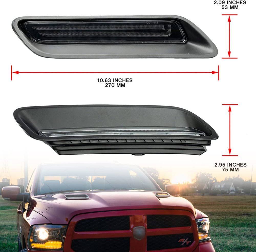 NSLUMO Led Vent Hood Scoop Light Bar Kit Compatible w/ 2010-2022 RAM 1500 Sport Hood Switchback White DRL Driving Lamp w/Amber Sequential Turn Signals Clear Lens OEM Air Hood Bezel Trim Replacement