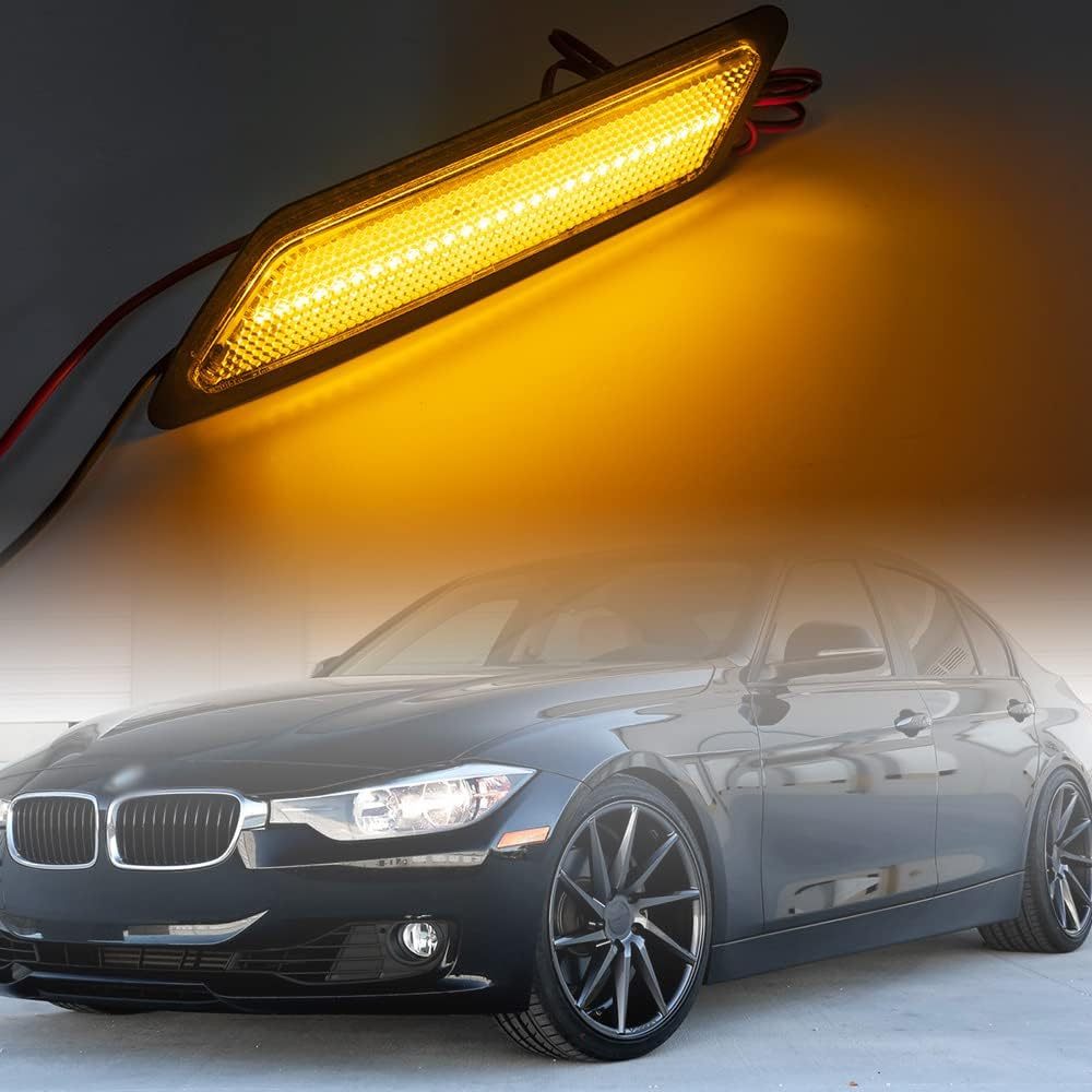 Front Bumper Led Side Markers Compatible w/ 2012-2015 B-M-W F30 F31 Pre-LCI 3 Series 328i Amber Yellow Led Side Marker Repeater Lights Signal Reflector Lamps Replace OEM Amber Reflectors Clear Lens