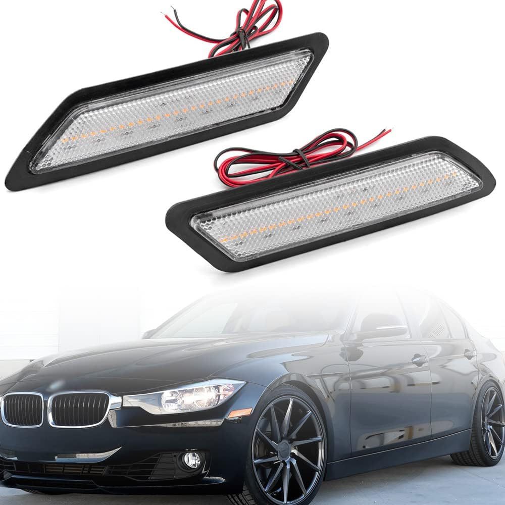 Front Bumper Led Side Markers Compatible w/ 2012-2015 B-M-W F30 F31 Pre-LCI 3 Series 328i Amber Yellow Led Side Marker Repeater Lights Signal Reflector Lamps Replace OEM Amber Reflectors Clear Lens